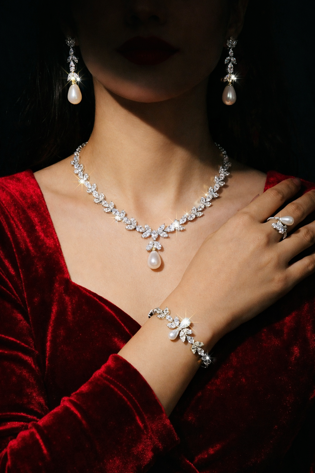 Luxury Zircon &amp; Pearl Full Set – Necklace + Earrings + Ring + Bracelet